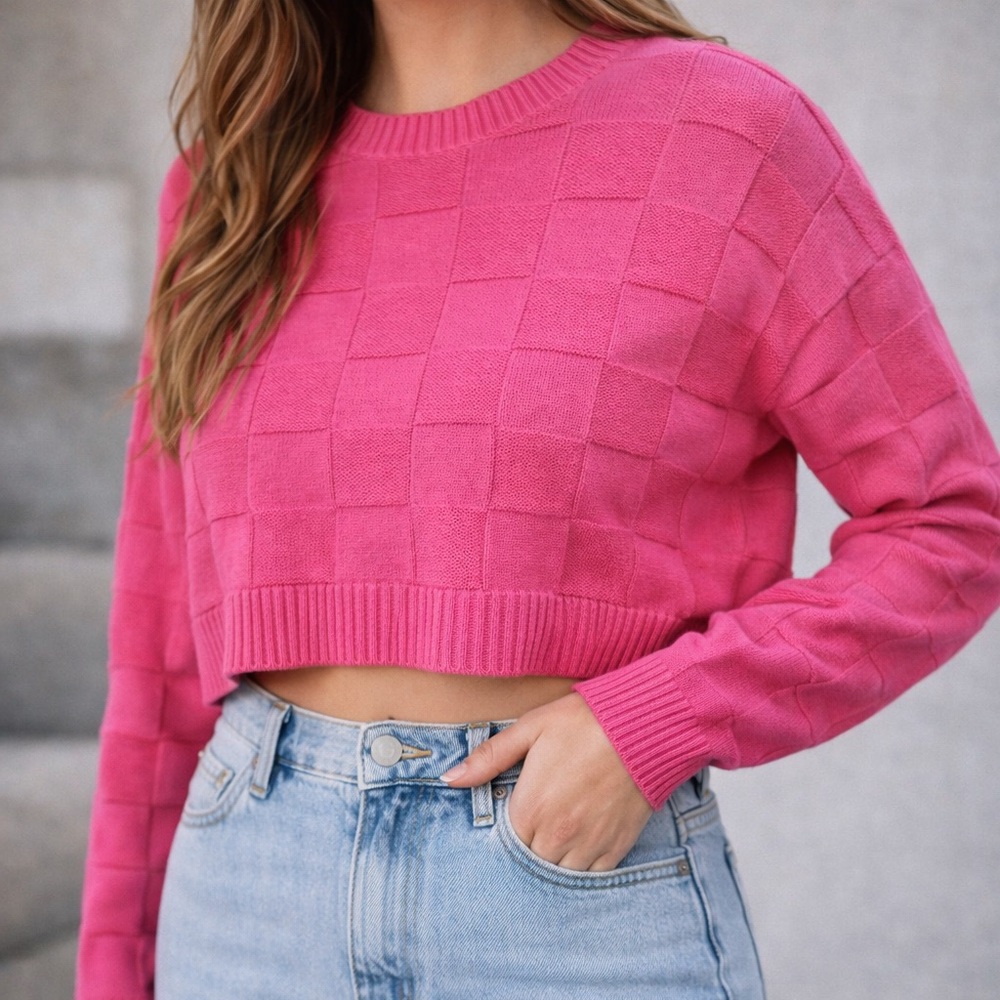 Hollister Small Cropped Bright Pink Pullover Sweater Texture Square Knit Crew